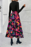Elegant Print Frenulum Contrast Mandarin Collar A Line Dresses