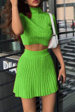 Sexy Simplicity Solid Fold Half A Turtleneck Half Sleeve Two Pieces