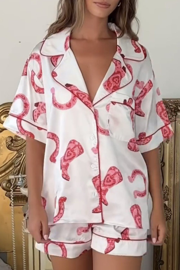 Casual Sweet Geometric Print Contrast Valentines Day Sleepwear