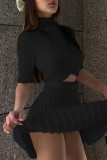 Sexy Simplicity Solid Fold Half A Turtleneck Half Sleeve Two Pieces