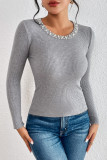 Celebrities Simplicity Solid Pearl O Neck Tops