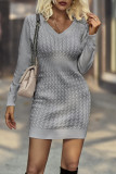 Daily Simplicity Solid Weave V Neck One Step Skirt Dresses