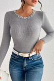 Celebrities Simplicity Solid Pearl O Neck Tops