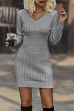 Daily Simplicity Solid Weave V Neck One Step Skirt Dresses