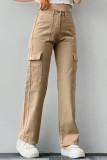 Casual Solid Pocket Buttons Loose Mid Waist Straight Solid Color Bottoms