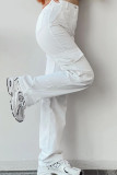 Casual Solid Pocket Buttons Loose Mid Waist Straight Solid Color Bottoms