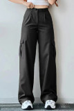 Casual Solid Pocket Buttons Loose Mid Waist Straight Solid Color Bottoms