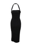 Sexy Solid Slit Halter Wrapped Skirt Dresses