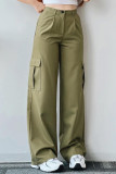 Casual Solid Pocket Buttons Loose Mid Waist Straight Solid Color Bottoms