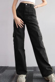 Casual Solid Pocket Buttons Loose Mid Waist Straight Solid Color Bottoms