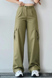 Casual Solid Pocket Buttons Loose Mid Waist Straight Solid Color Bottoms