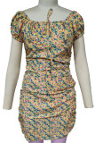 Sweet Floral Draw String Square Collar Printed Dress Dresses