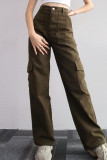 Casual Solid Pocket Buttons Loose Mid Waist Straight Solid Color Bottoms