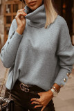 Casual Solid Buttons Turtleneck Tops