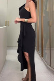 Sexy Solid Flounce Asymmetrical Oblique Collar A Line Dresses