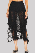 Sweet Elegant Solid Lace Asymmetrical High Waist Type A Solid Color Bottoms