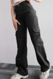 Casual Solid Pocket Buttons Loose Mid Waist Straight Solid Color Bottoms