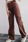Casual Solid Pocket Buttons Loose Mid Waist Straight Solid Color Bottoms