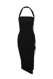 Sexy Solid Slit Halter Wrapped Skirt Dresses