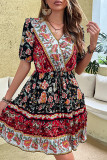 Bohemian Vintage Floral Frenulum V Neck Printed Dress Dresses