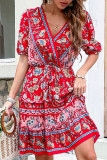 Bohemian Vintage Floral Frenulum V Neck Printed Dress Dresses