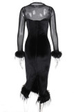 Celebrities Elegant Solid Feathers Turtleneck Waist Skirt Dresses