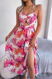 Bohemian Vacation Floral Hollowed Out Frenulum Halter Printed Dress Dresses
