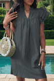 Casual Solid Flounce Mandarin Collar A Line Short Sleeve Dress