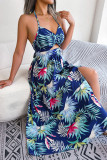 Bohemian Vacation Floral Hollowed Out Frenulum Halter Printed Dress Dresses