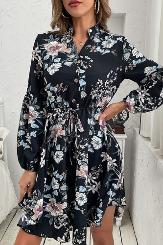 Vintage Floral Buckle V Neck A Line Dresses