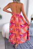 Bohemian Vacation Floral Hollowed Out Frenulum Halter Printed Dress Dresses