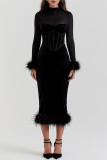 Celebrities Elegant Solid Feathers Turtleneck Waist Skirt Dresses