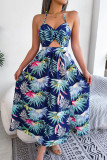 Bohemian Vacation Floral Hollowed Out Frenulum Halter Printed Dress Dresses
