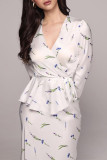 Celebrities Floral Frenulum V Neck Long Sleeve Two Pieces