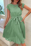 Casual Solid Bandage Fold O Neck Pleated Dresses
