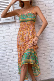 Vintage Vacation Floral Flounce Contrast Square Collar Sling Dress Dresses