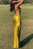 Sexy Solid Frenulum Backless V Neck One Step Skirt Dresses