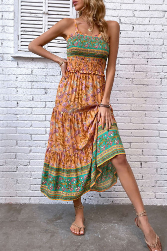 Vintage Vacation Floral Flounce Contrast Square Collar Sling Dress Dresses
