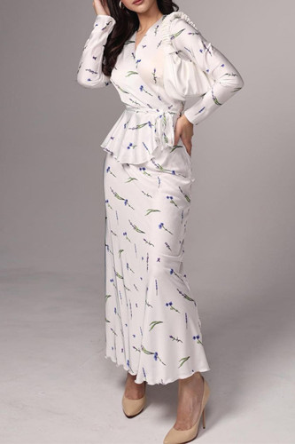 Celebrities Floral Frenulum V Neck Long Sleeve Two Pieces