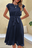 Casual Solid Bandage Fold O Neck Pleated Dresses