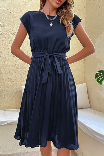 Casual Solid Bandage Fold O Neck Pleated Dresses