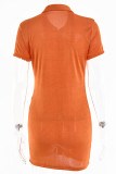 Sexy Solid Fold Turndown Collar Shirt Dress Short Sleeve Dress