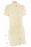 Sexy Solid Fold Turndown Collar Shirt Dress Short Sleeve Dress