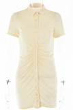 Sexy Solid Fold Turndown Collar Shirt Dress Short Sleeve Dress