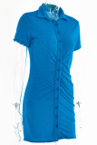 Sexy Solid Fold Turndown Collar Shirt Dress Short Sleeve Dress