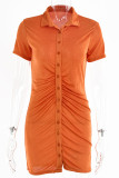 Sexy Solid Fold Turndown Collar Shirt Dress Short Sleeve Dress