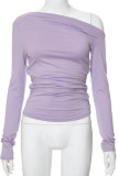Casual Simplicity Solid Fold Oblique Collar Tops