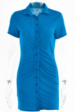 Sexy Solid Fold Turndown Collar Shirt Dress Short Sleeve Dress