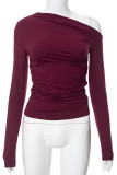 Casual Simplicity Solid Fold Oblique Collar Tops