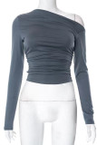 Casual Simplicity Solid Fold Oblique Collar Tops